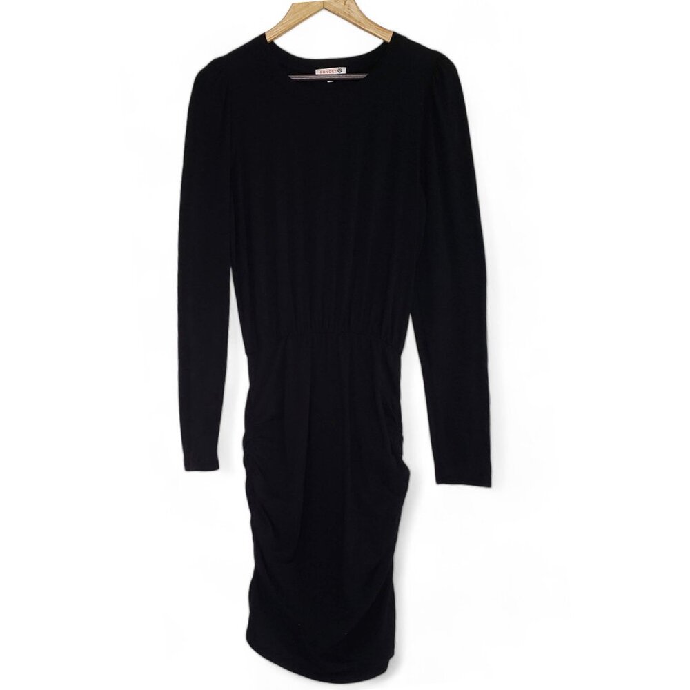 Sundry Anthropologie Black Mini Dress Women's Long Puff Sleeve Shirred Ruched 1